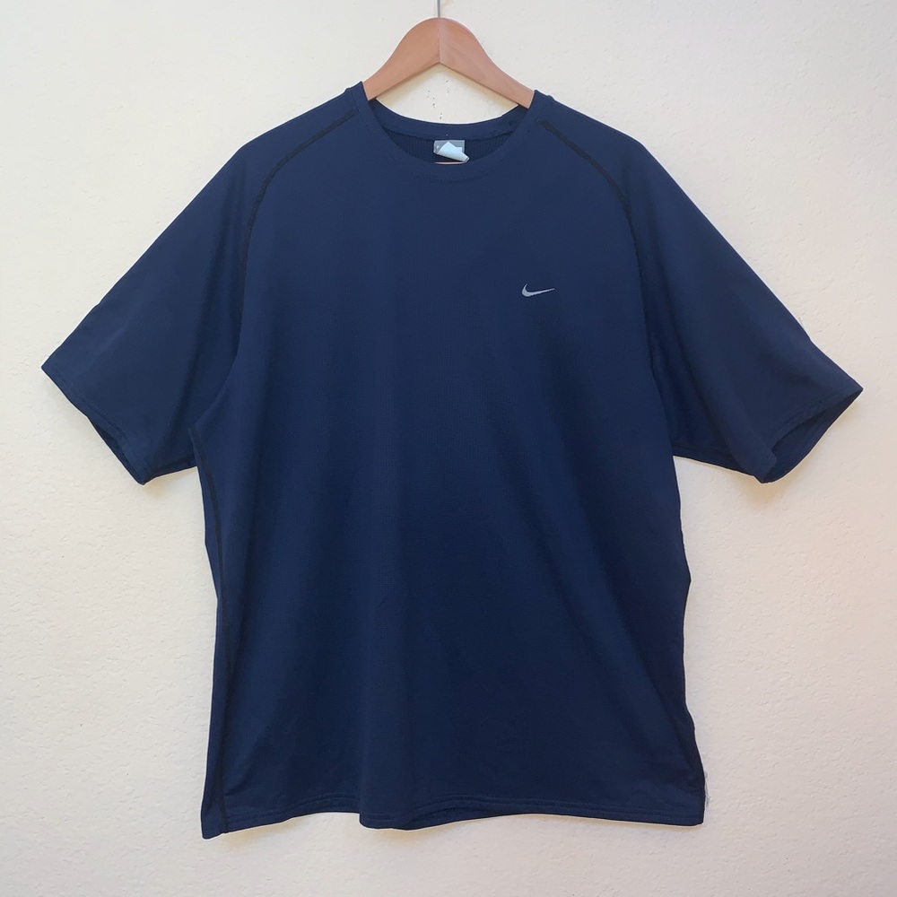 Vintage Nike Fit Dry Embroidered Mini Swoosh Performance Shirt Navy Blue Mens XL